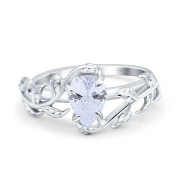 Art Deco Leaves Pear Vintage Style Bridal Wedding Engagement Ring Round Simulated Cubic Zirconia 925 Sterling Silver